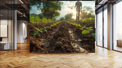 Little green saplings growing on the ground . Planting seedlings in the field Wall mural