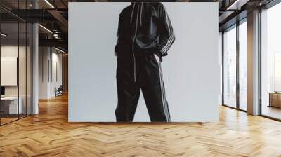 Portrait of a man in a retro black tracksuit from the 90s. Stylish hipster in a tracksuit on a gray background Wall mural