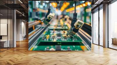 Production of modern boards on an automated line at the factory. Installing components on a printed circuit board. Production of electronic devices Wall mural