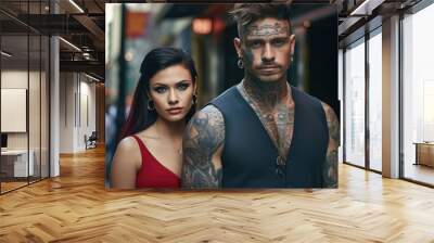 Tattooed man and woman on a city street in the afternoon Wall mural