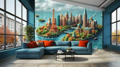 The concept of a round-the-world trip with luggage. A city on an island . 3d illustration Wall mural