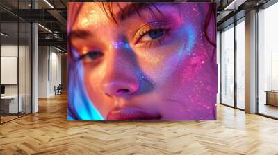 The girl's face is a high-fashion model in a bright neon light. Close-up of a woman's face in ultraviolet Wall mural