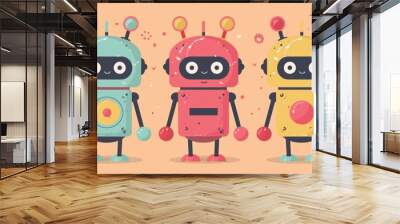 Three cartoon robots on beige background. Funny robots , isolated on orange background. Illustration Wall mural