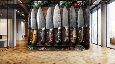 Top view of Damascus steel kitchen Knives on a wooden board Wall mural