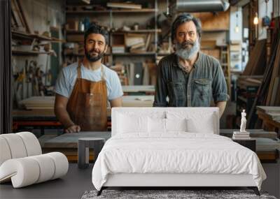 Two carpenters at the table with tools at the production . Woodworkers at the production site Wall mural