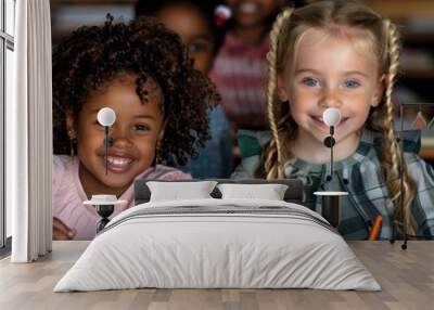 Two schoolgirls of different races paint at a creative art school Wall mural