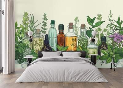 vials of essential oil and herbs on a white background. The concept of health Wall mural