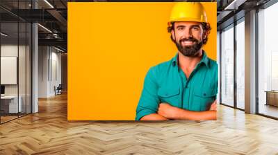  Young architect wearing builder safety helmet over isolated pastel background happy face smiling with crossed arms Wall mural