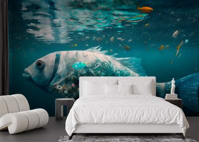 A fish swims among the pollution of the ocean with a plastic bag. Environment concept Wall mural