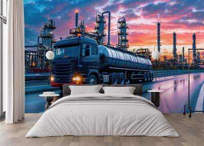 A fuel tanker truck drives towards a petrochemical plant with towering distillation columns under the dramatic hues of a sunset sky. Wall mural