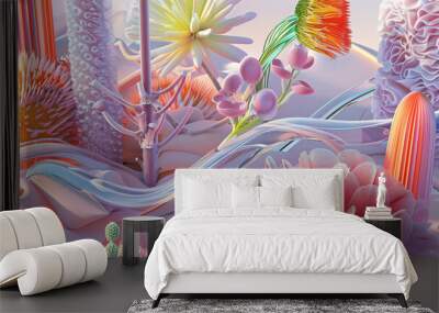 A lush, 3D-rendered landscape bursts with stylized flowers and flowing, ribbon-like textures in a soft, pastel-hued dreamscape. Wall mural