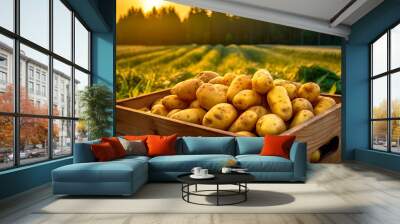 A wooden box with potatoes in a field. Generative AI Wall mural