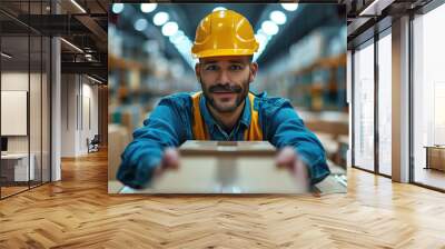 a worker in a hard hat confidently holds a parcel Wall mural