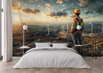 A worker in safety gear and a hard hat looks over a large landscape of wind turbines at sunset. Wall mural