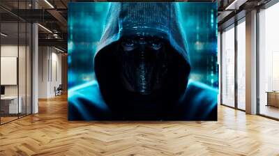 Abstract image of unrecognizable hacker cyber criminal in hood with dark space and matrix instead of face isolated on blue digital background. Security system cyber attack. Wall mural