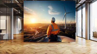 an engineer stands on top of a windmill and looks at a beautiful sunset landscape. Wall mural