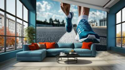 Athlete man running on the road in sports shoes Wall mural