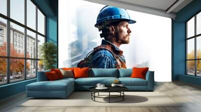 builder and skyscraper with double exposure on white background Wall mural