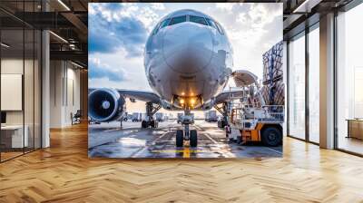 Cargo plane being loaded with boxes on tarmac Wall mural