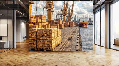 Cargo ship docked in port unloading lumber at pier Wall mural