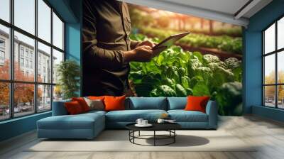 Close Up of a Young farmer using digital tablet inspecting fresh vegetable in organic farm. Agriculture technology and smart farming concept. Generative AI Wall mural