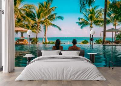 Couple enjoying beach vacation holidays at tropical resort with swimming pool and coconut palm trees near the coast with beautiful landscape. Generative AI Wall mural