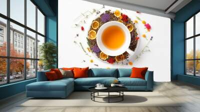 Creative layout made of cup of tea, green tea, black tea, fruit and herbal, tea on white background.Flat lay. Food concept. Wall mural