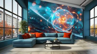 Digital illustration of an atom with electrons orbiting, representing atomic structure and quantum physics in a cosmic background. Wall mural