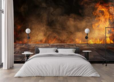 Empty wooden tabletop on a fiery background for product placement Wall mural