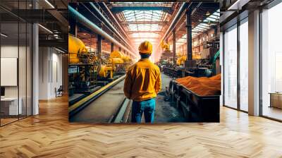 Engineer in yellow uniform while working inside the factory. Generative AI Wall mural