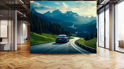 EV (Electric Vehicle) electric car is driving on a winding road that runs through a verdant forest and mountains Wall mural