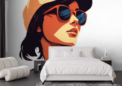 Fashion portrait of a model girl in sunglasses. Poster or flyer in trendy retro colors. Vector illustration Wall mural