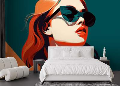 Fashion portrait of a model girl in sunglasses. Poster or flyer in trendy retro colors. Vector illustration Wall mural