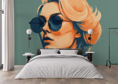 Fashion portrait of a model girl in sunglasses. Poster or flyer in trendy retro colors. Vector illustration Wall mural