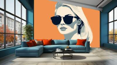 Fashion portrait of a model girl in sunglasses. Poster or flyer in trendy retro colors. Vector illustration Wall mural