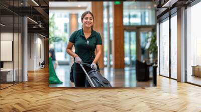 female cleaner with cleaning cart in modern office building Wall mural