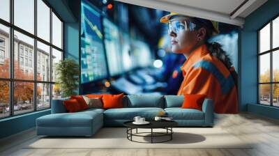 Female industrial engineer wearing hardhat and safety glasses working in factory control room Wall mural