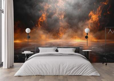 Fire burning above empty concrete floor background Wall mural