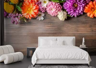 Garden flowers and plants on isolated wooden board background with copyspace. Generative AI	
 Wall mural