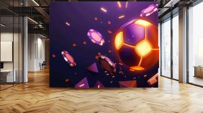 Glowing soccer ball surrounded by casino chips and abstract shapes Wall mural