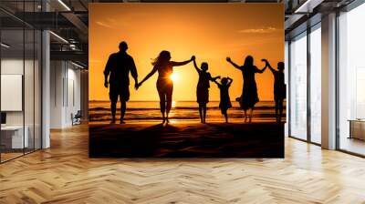 Happy family jumping together on the beach silhouette. Generative AI Wall mural