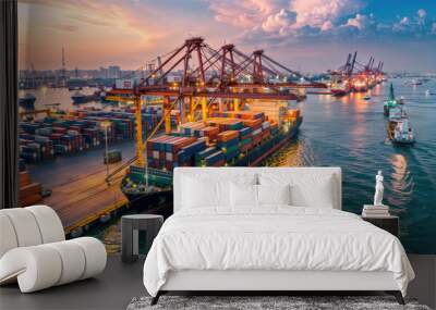 Large cargo ships and cranes in a busy seaport Wall mural