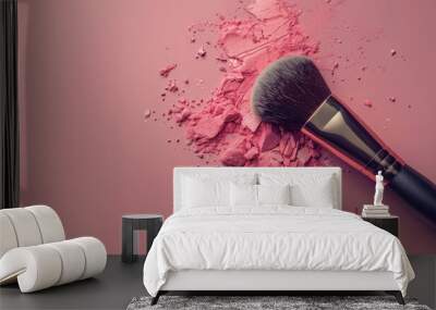 Makeup brush touching crushed blush on pink background Wall mural