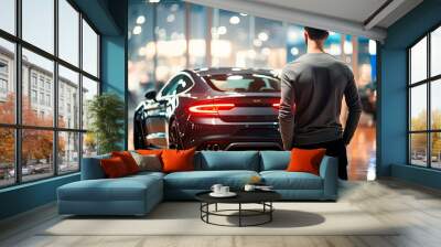 Man looking at new car. Back view Wall mural