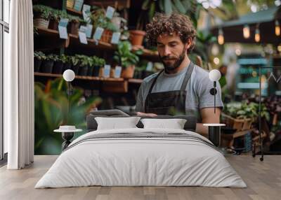 Man using tablet in a plant nursery Wall mural