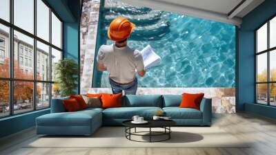 Overhead view of an engineer with a hard hat inspecting a newly constructed swimming pool, holding plans. Wall mural