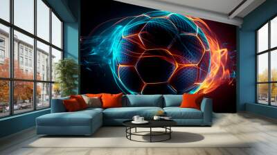 Panoramic neon soccer ball. Generative AI Wall mural