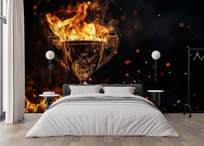 Silver trophy burning in flames on dark background symbolizing victory Wall mural