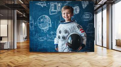 Smiling boy playing astronaut posing with helmet in front of blackboard Wall mural