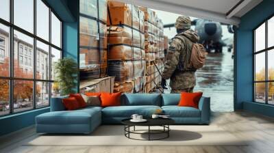 Soldier supervising humanitarian aid unloading from military cargo plane Wall mural